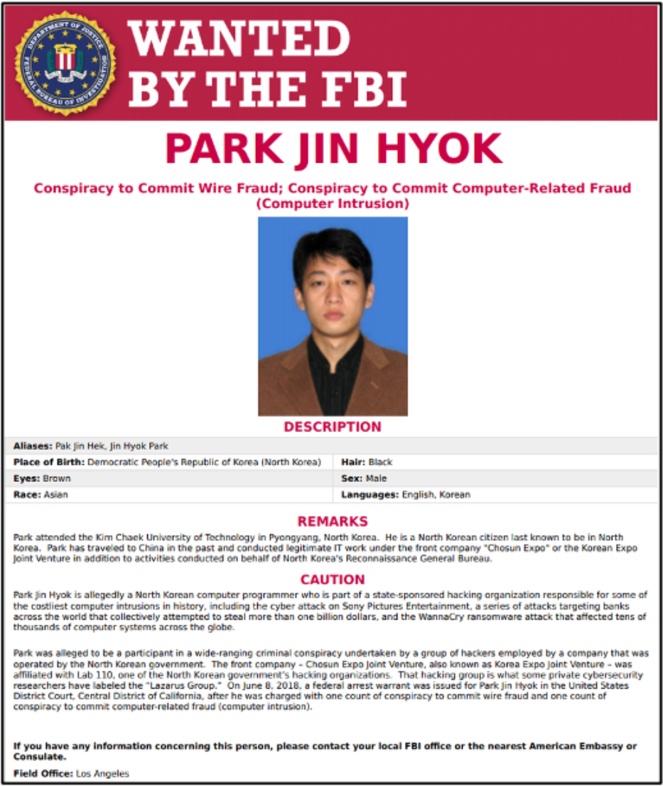 Park Jin Hyok FBI Wanted Poster highlighting the range of skillsets within his RGB cyber role