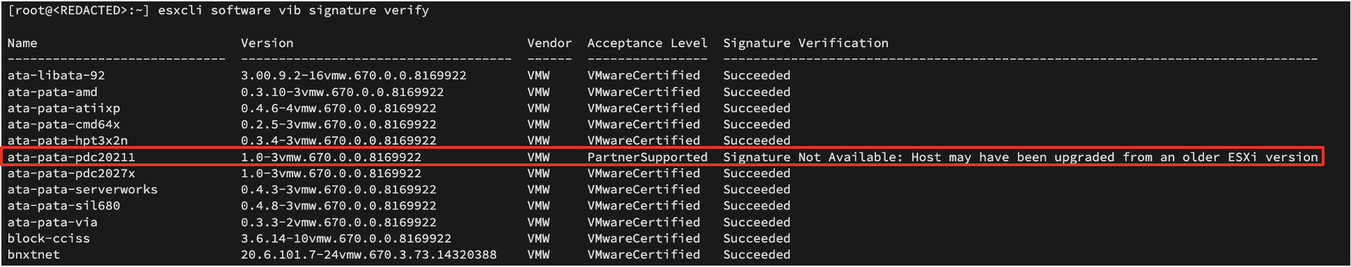 Example of falsified VIB acceptance level being seen in esxcli software vib signature verify