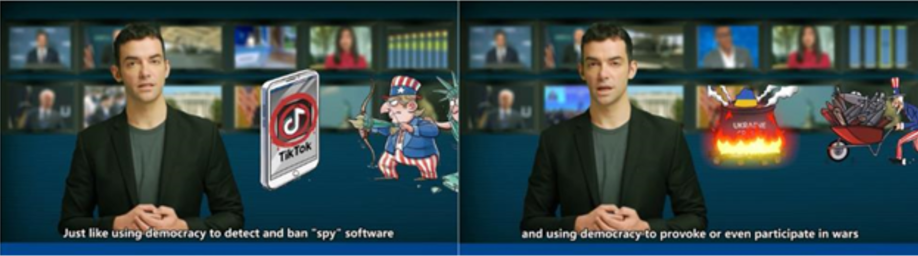 Screenshots from video containing AI-generated "news presenter" promoted by DRAGONBRIDGE, likely created using a platform offered by D-ID